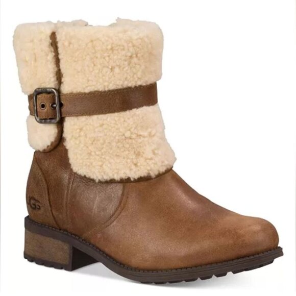 UGG Blayre II Boots Women's Tan Suede Cream Shearling Buckle Sz 9.5 Boho Western - Picture 2 of 16